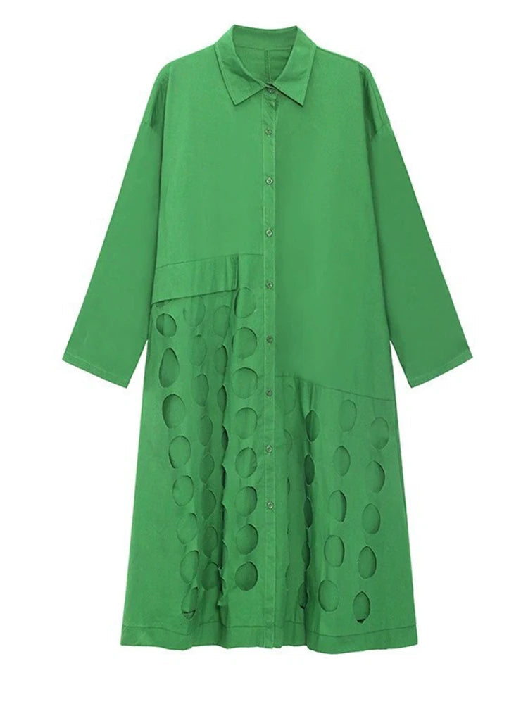 [EAM] Women Black Hollow Out Big Size Midi Shirt Dress New Lapel Long Sleeve Loose Fit Fashion Tide Spring Autumn 2024 1DF6037 Viralgem Store