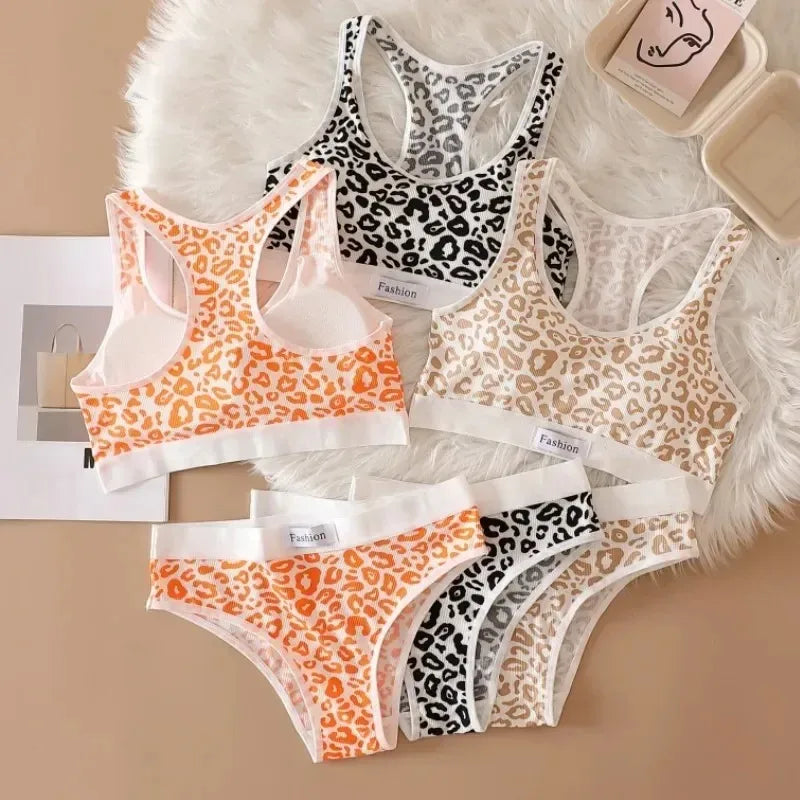 Women Seamless Bra Set Low Waist Panties Leopard Bralette Sexy Lingerie Set Vneck Sport Brassiere Female Cotton Underwear Set