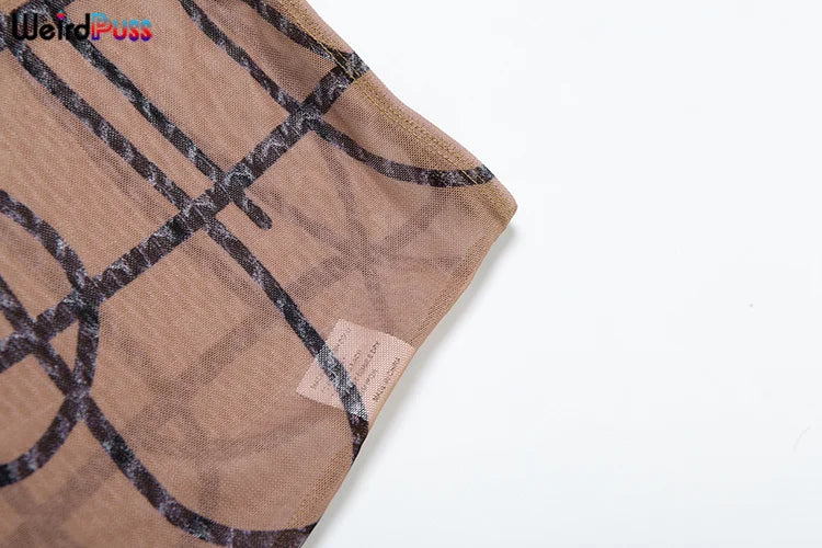 Weird Puss Stripe Print Sexy 2 Piece Set Women See Through Coquette Camisole+Long Skirts Midnight Clubwear Party Matching Suits Viralgem Store