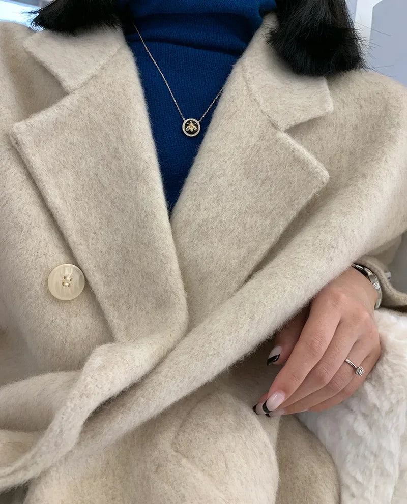 2024 Autumn Winter Wool Coat Women Double-breasted Solid Color Women's Double-sided Woolen Belt Coats Loose Warm Wool Jacket