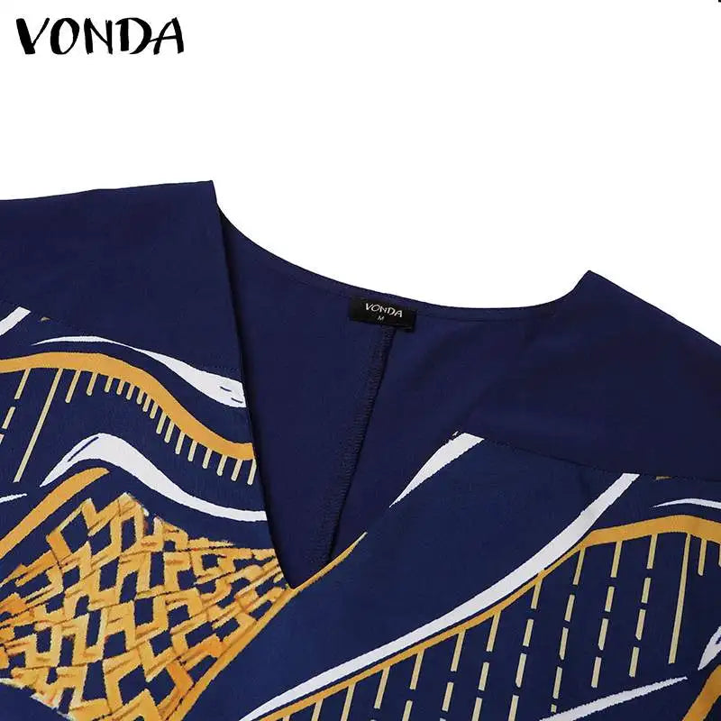 VONDA Oversized Summer Dress 2024 Women V Neck Bohemian Printed Beach Sundress Casual Midi Vestidos 3/4 Sleeve Loose Robe Femme