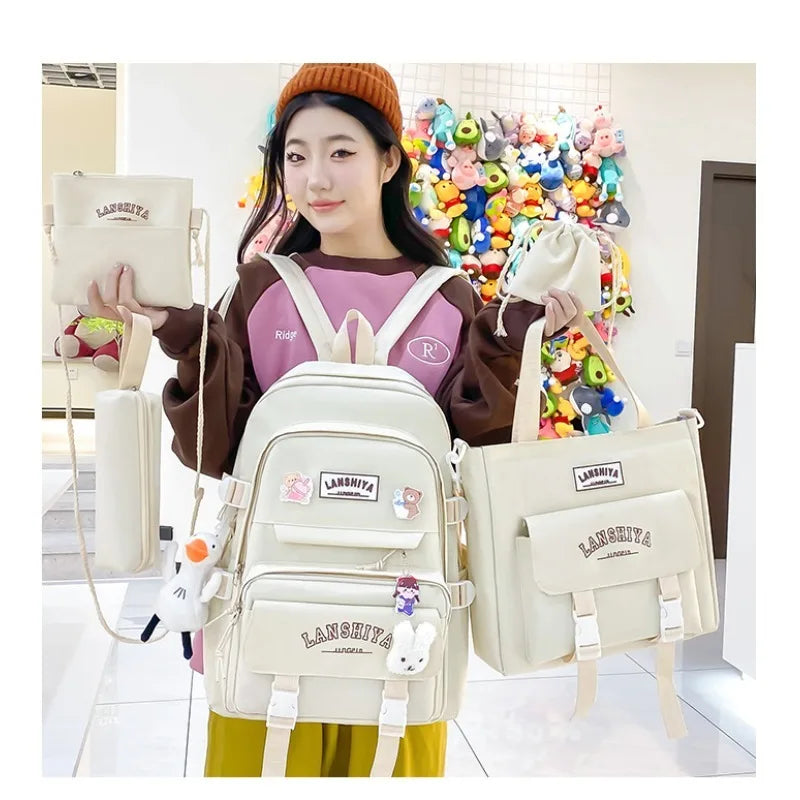 5-piece Set of Free Pendants Forest Style Korean Version Casual Harajuku Student Backpack for High School Girls Large Capacity Viralgem Store