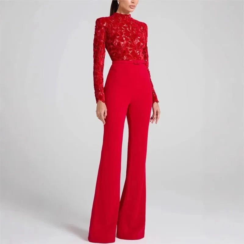 Embroidery Lace Red Jumpsuits Women Sexy Slim Long-sleeved Belt High Waist Jumpsuit Female 2025 Casual Lady Party Rompers Viralgem Store