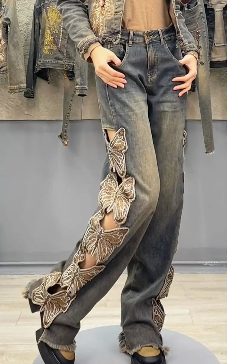 Summer Y2K Streetwear Harajuku Butterfly Decoration Denim Pants Women's High Waist Embroidery Loose Straight Hole Ripped Jeans
