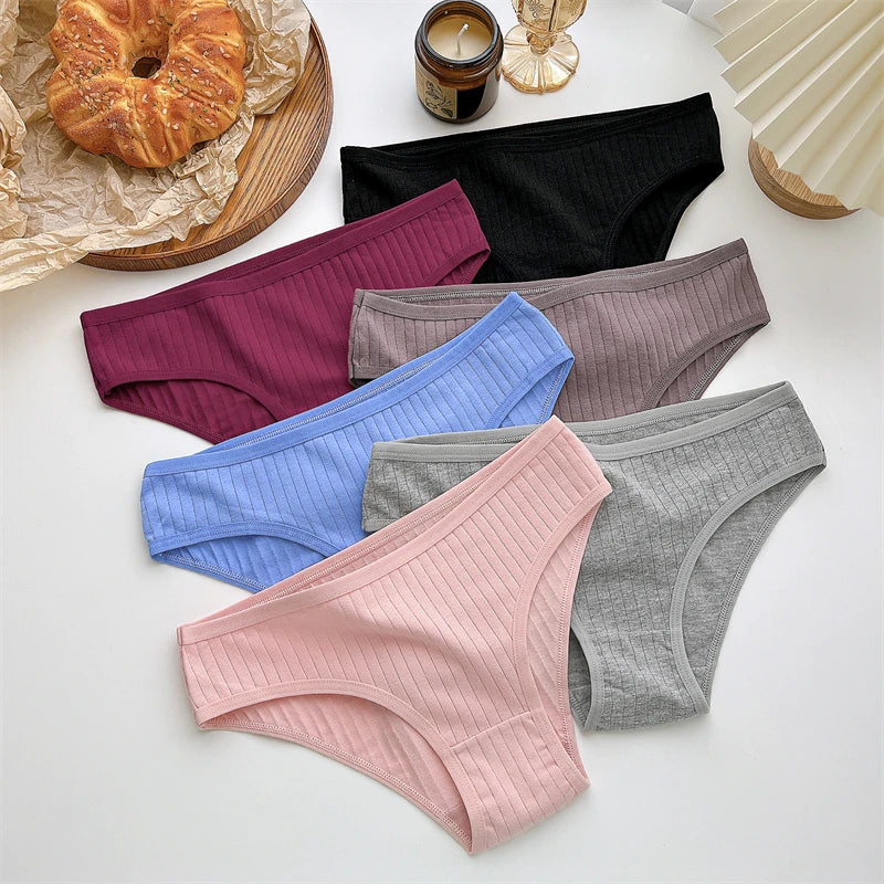 7Pcs/SET Cotton Ribbed Striped Underwear Women's Panties Sexy Solid Color Plus Size Briefs Female Breathable Soft Lingerie L-7XL