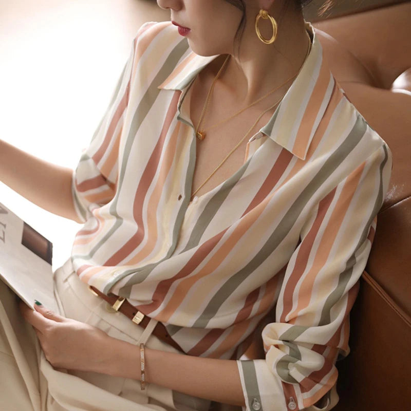 Stripe Women Shirt Satin Vintage Shirt for Women 2023 Autumn Clothes Korean Fashion Shirts and Blouses Basic Elegant Womens Tops Freshlook Styles