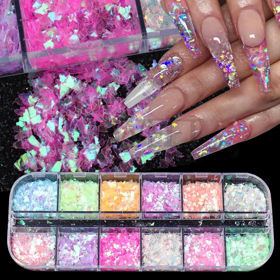 12 Grids Opal Dream Crystal Sequins Nail Flake Galaxy Iridescent Aurora 3D Paillette for Winter Autumn Manicure Decoration SWYFH Viralgem Store
