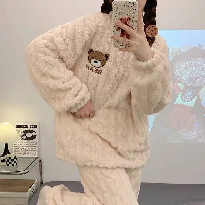 Winter Flannel Fleece-lined Sleepwear Women's Long Sleeve Warm Thickened Pyjamas Home Clothes Explosion Model Jacket Viralgem Store