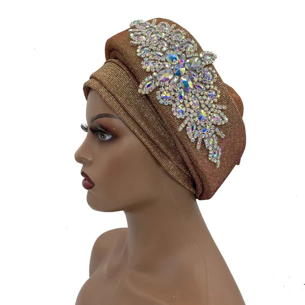African Wrap Head Headgear Nigeria Auto Gele Headtie Turbante Mujer Luxury Rhinestone Turban Hat for Women Glitter