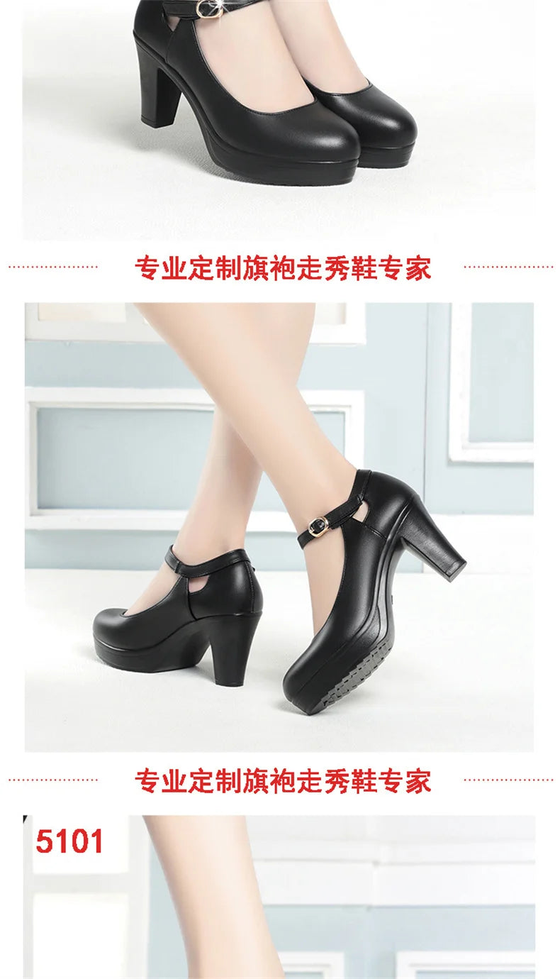 Spring Soft Leather Shoes Women Round Toe Platform Pumps Thick Heel Fashion Temperament Elegant Black Work Single Shoes Viralgem Store