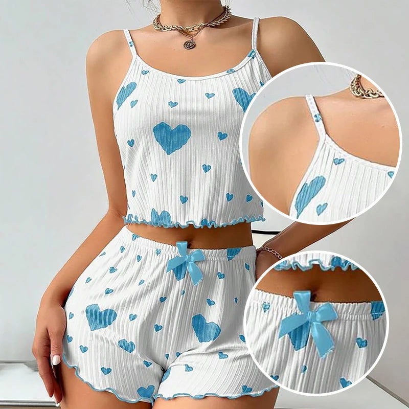 Women's Pajamas Set Sleepwear 2 PCS Short Tank Tops And Shorts S M L White Ventilate Soft Casual Love Printing Viralgem Store