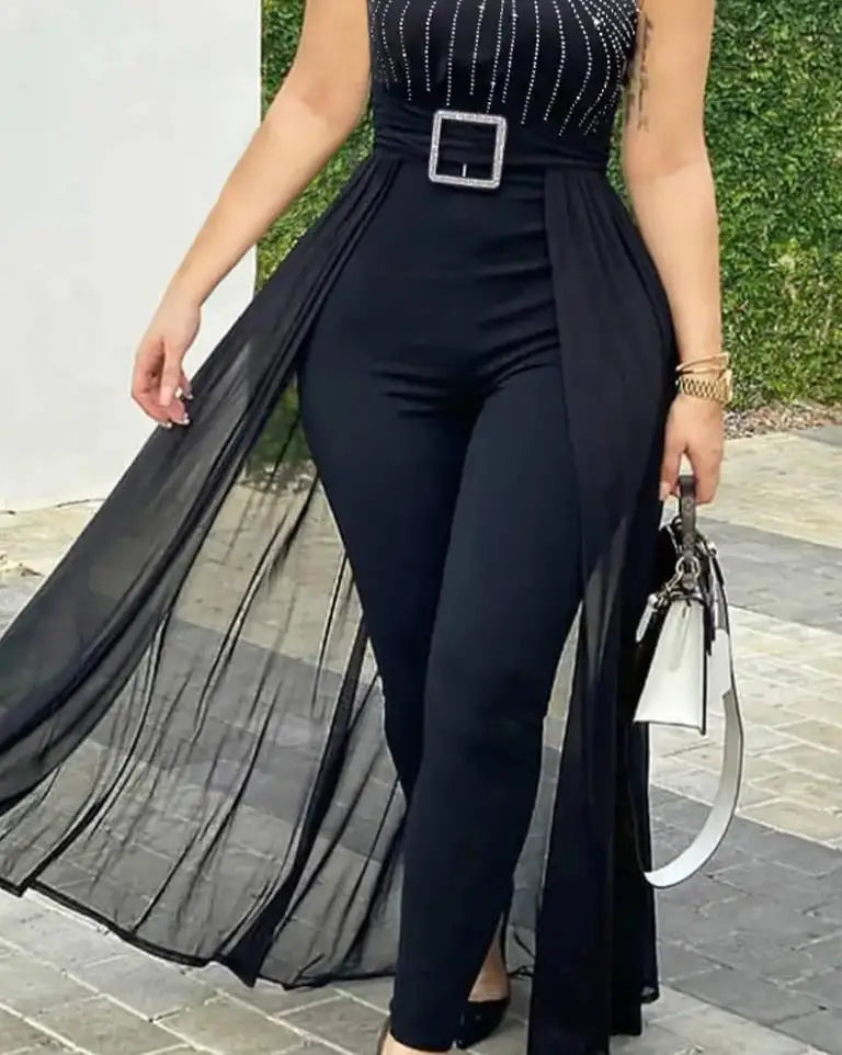 Women Jumpsuit 2025 Summer Simple Sleeveless Round Neck Rhinestone Fashion Sexy Sheer Mesh Daily Casual Commuting Jumpsuit Viralgem Store
