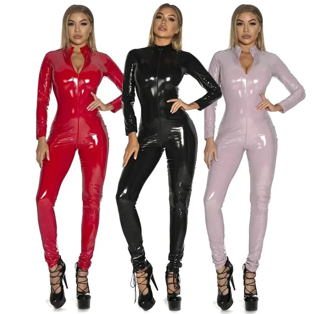 Women's Wet Look Shiny PU Faux Leather Jumpsuit Suit Long Sleeve Zipper Open Crotch Latex Bodysuit Clubwear Plus Size Viralgem Store