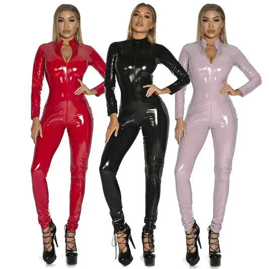 Women's Wet Look Shiny PU Faux Leather Jumpsuit Suit Long Sleeve Zipper Open Crotch Latex Bodysuit Clubwear Plus Size Viralgem Store