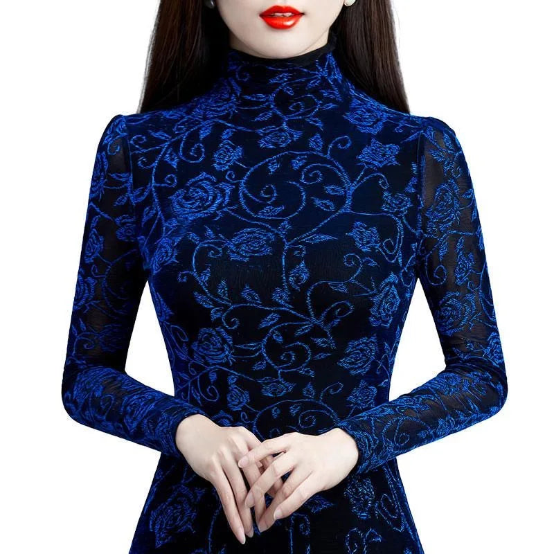 Women's Winter Autumn Style Blouse Shirt Women's Printed Turtleneck Long Sleeve Slim Elegant Tops SP1192