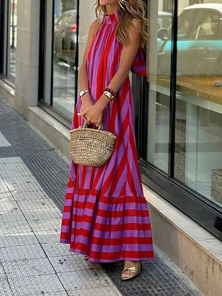 Striped Printing Sexy Fashion Party Dress, Women Summer Elegant Backless Simple Maxi Dress, 2024 Halter Sleeveless Ladies Dress