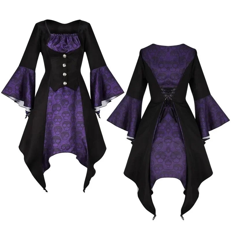Women Vintage Long Sleeve Halloween Witch Vampire Gothic Ghost Dresses Up Party Skull Dress Clothes Autumn Cosplay Costume