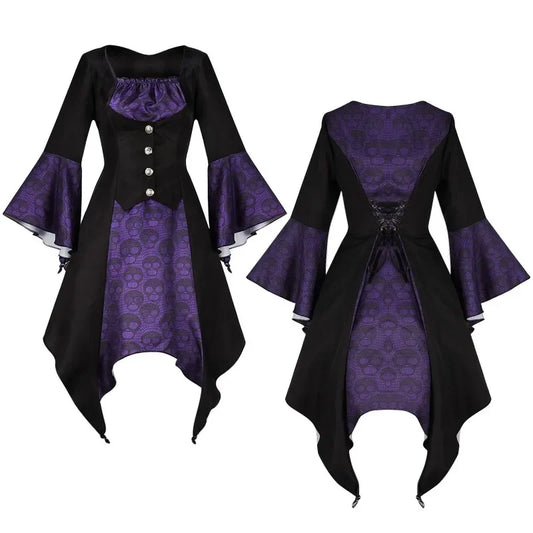 Women Vintage Long Sleeve Halloween Witch Vampire Gothic Ghost Dresses Up Party Skull Dress Clothes Autumn Cosplay Costume