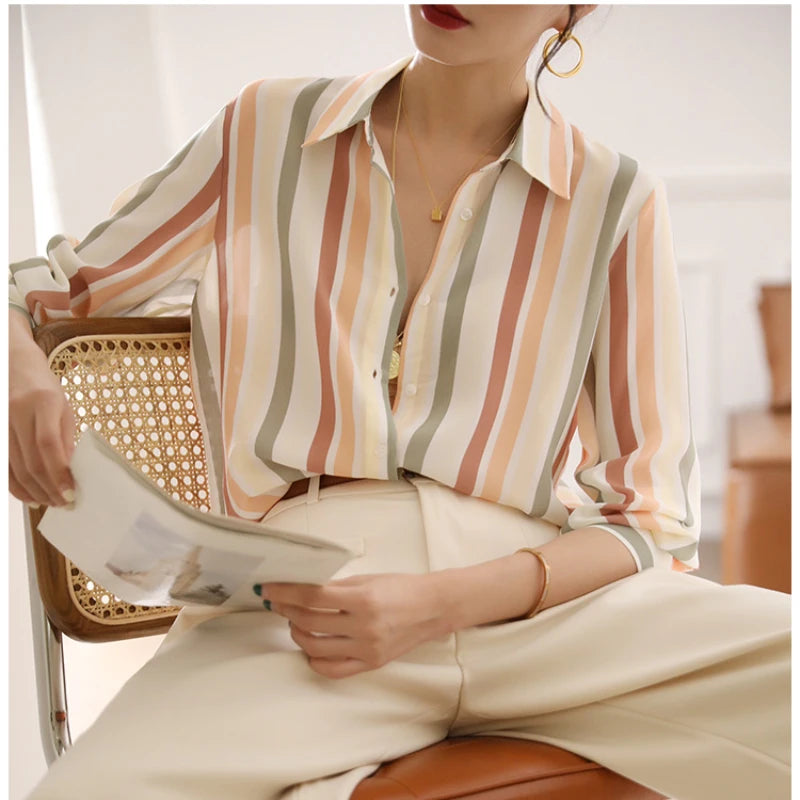 Stripe Women Shirt Satin Vintage Shirt for Women 2023 Autumn Clothes Korean Fashion Shirts and Blouses Basic Elegant Womens Tops Freshlook Styles