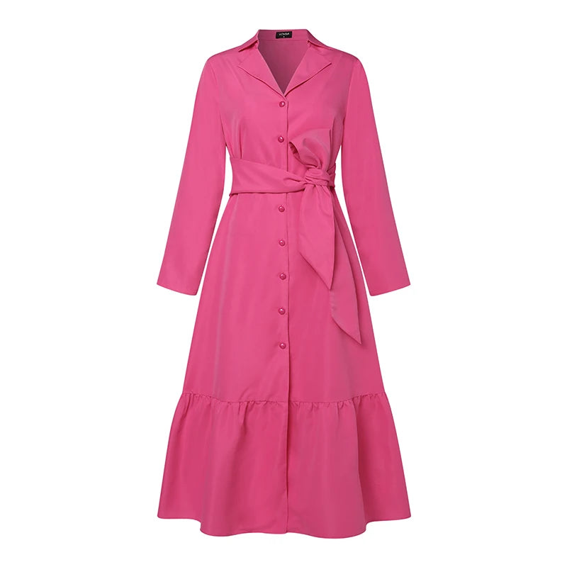 VONDA Plus Size 5XL Long Sleeve Shirt Dress Elegant Women Ruffled Sundress Buttons Solid Color Casual Lapel Belted Party Vestido