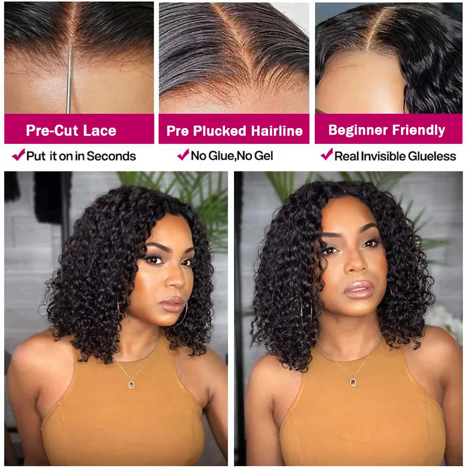 Water Wave Short Curly Bob Wig 13x6 Lace Front Wig  13x4 Lace Wigs Transparent Lace Frontal Human Hair Wigs Pre Cutfor Women