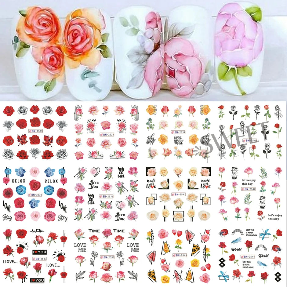 12 Design Floral Nail Art Stickers Water Decals Transfer Summer Painting Flower Leaf Rose Manicure Decoration Nail Sliders Wraps