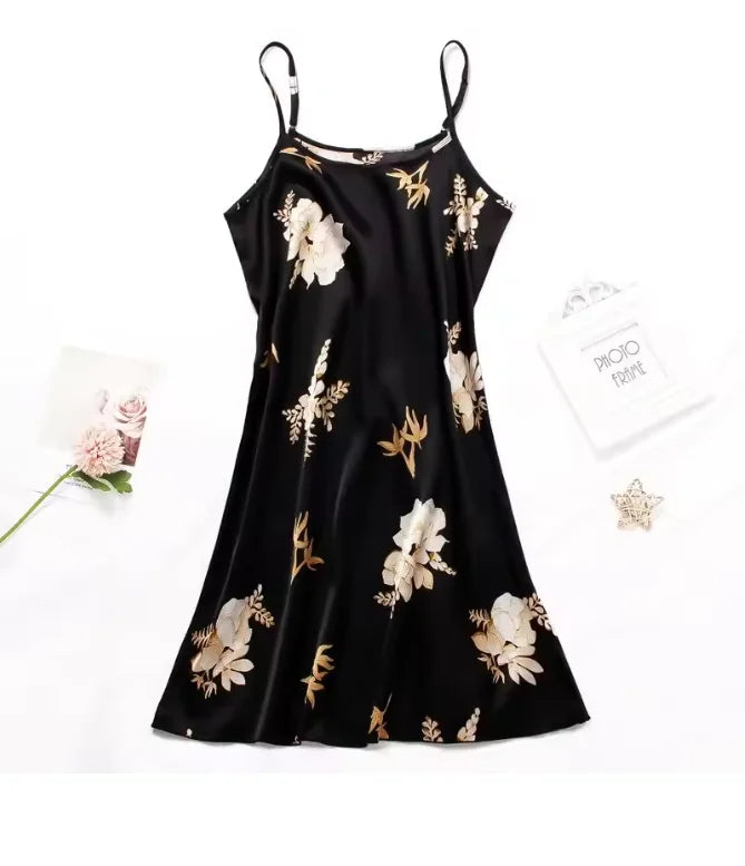 Women Nightwear Home Clothes Sexy Black Floral Printing Nightdress Sleepwear Nightshirts Silk Sleepshirts Nightgowns For Woman Viralgem Store