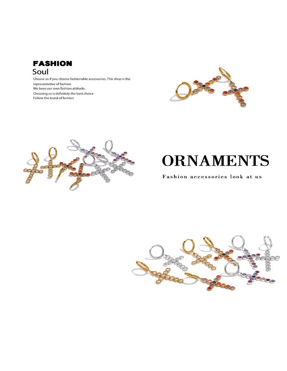 Yhpup Waterproof Colorful Cubic Zirconia Stainless Steel Cross Drop Hoop Earrings Fashion Daily Men Women Unisex Golden Jewelry