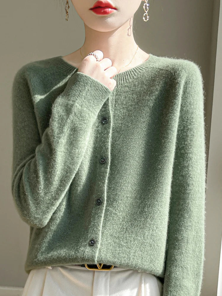 Women 100% Merino Wool Cardigan Soft O-Neck Cashmere Sweater OL Buttoned Knitwear Casual Top Clothing Korean Style Viralgem Store