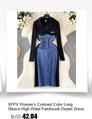 XFPV Female Dress Square Collar Solid Puff Sleeve Backless Bow High Waist Elegant Fashion Vestidos Spring Autumn2024 SM9457