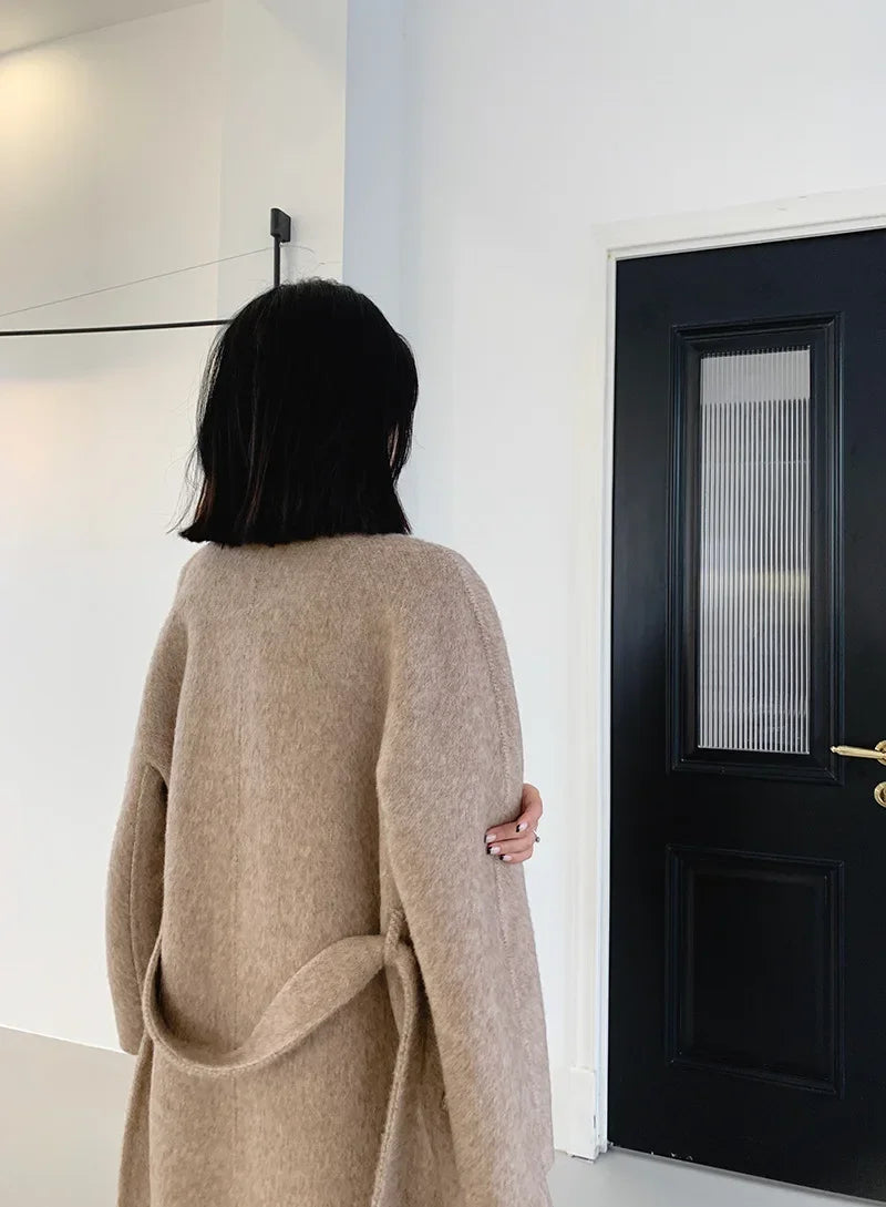 2024 Autumn Winter Wool Coat Women Double-breasted Solid Color Women's Double-sided Woolen Belt Coats Loose Warm Wool Jacket
