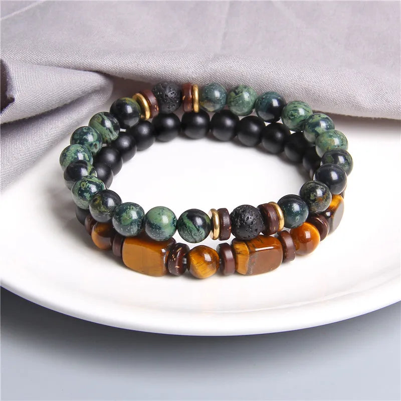 2 Chain Bracelets Friendship Jewelry Handmade Elastic Men Bangle Natural Tiger Eye Stone Beads Bracelet Unisex Pulsera Hombre Viralgem Store