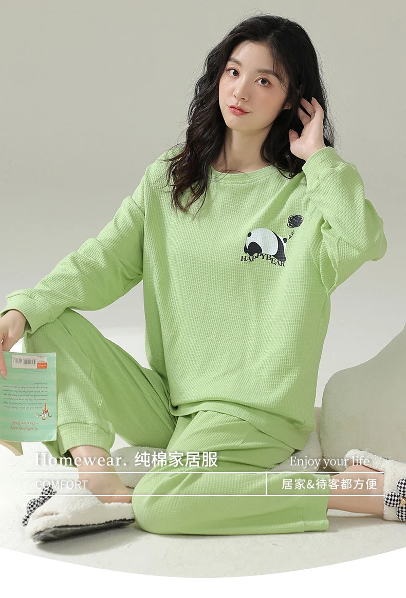 SUKAE Waffle Cotton Korean Minimalist Style Women Pajamas Spring Autumn Long Sleeves Lady Sleepwear Kawaii Round Neck Homesuits