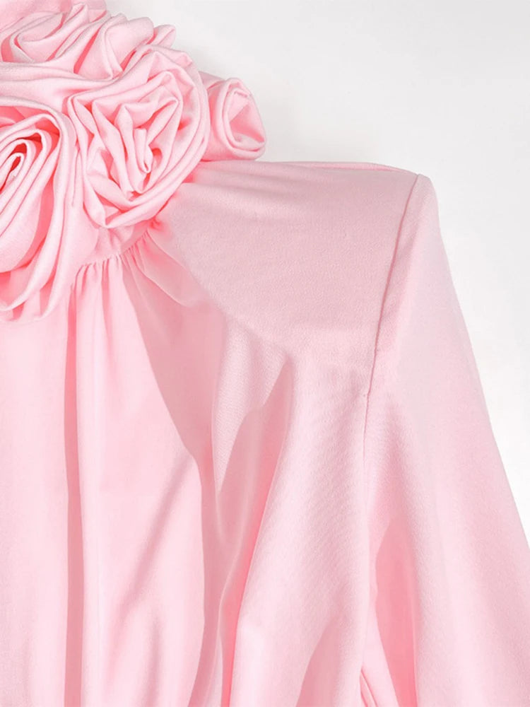 TWOTWINSTYLE Solid Appliques Folds Dresses For Women Half High Collar Flare Sleeve Tunic Long Dress Female Fashion Clothing New Viralgem Store