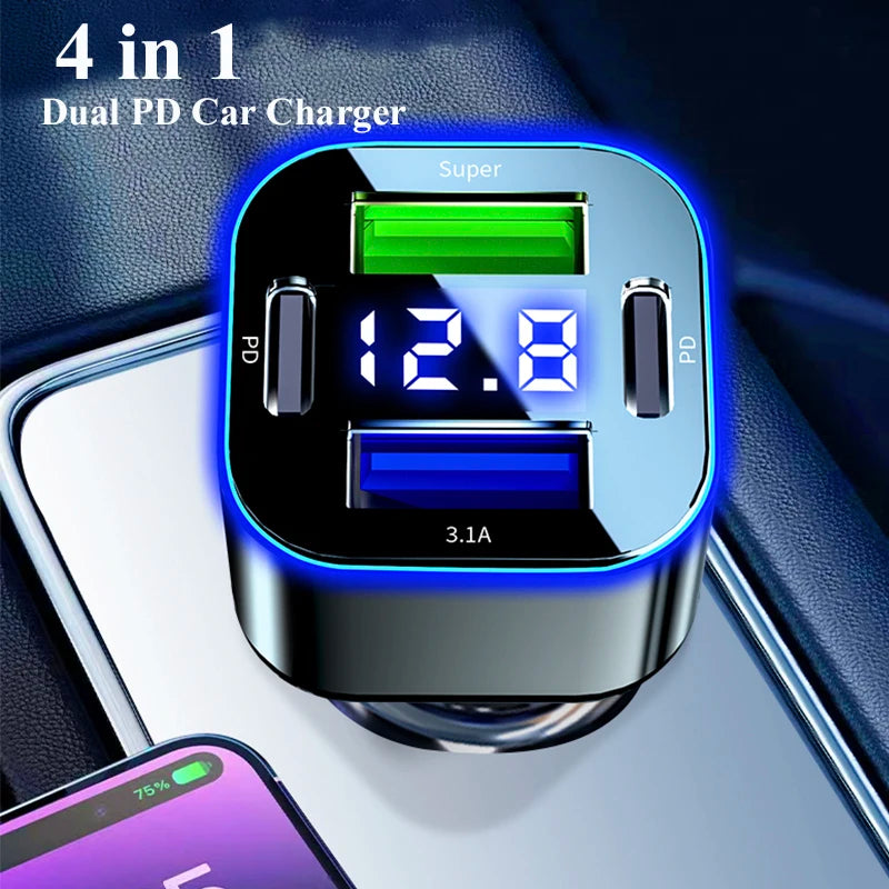 4 in 1 USB C Car Charger Dual PD  Super Fast Charging Adapter for iPhone 15 Pro Max 14 Plus Huawei Oneplus Samsung OPPO Vivo
