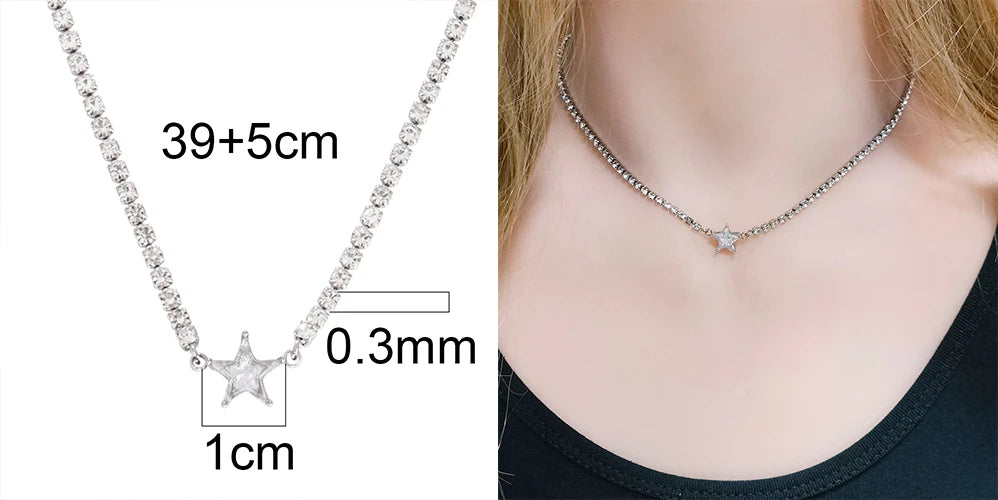 Stainless Steel Necklace Tennis Chain Hip Hop Square Pendant Necklace Star Heart Zircon Choker Necklaces For Women Jewelry