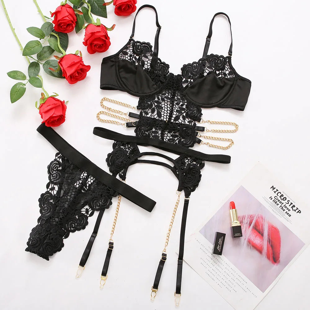 Yimunancy 2-Piece Flroal Lace Erotic Set Women Cut Out  Fashion Chain Decorated Lingerie Set Sexy Brief Kit Viralgem Store