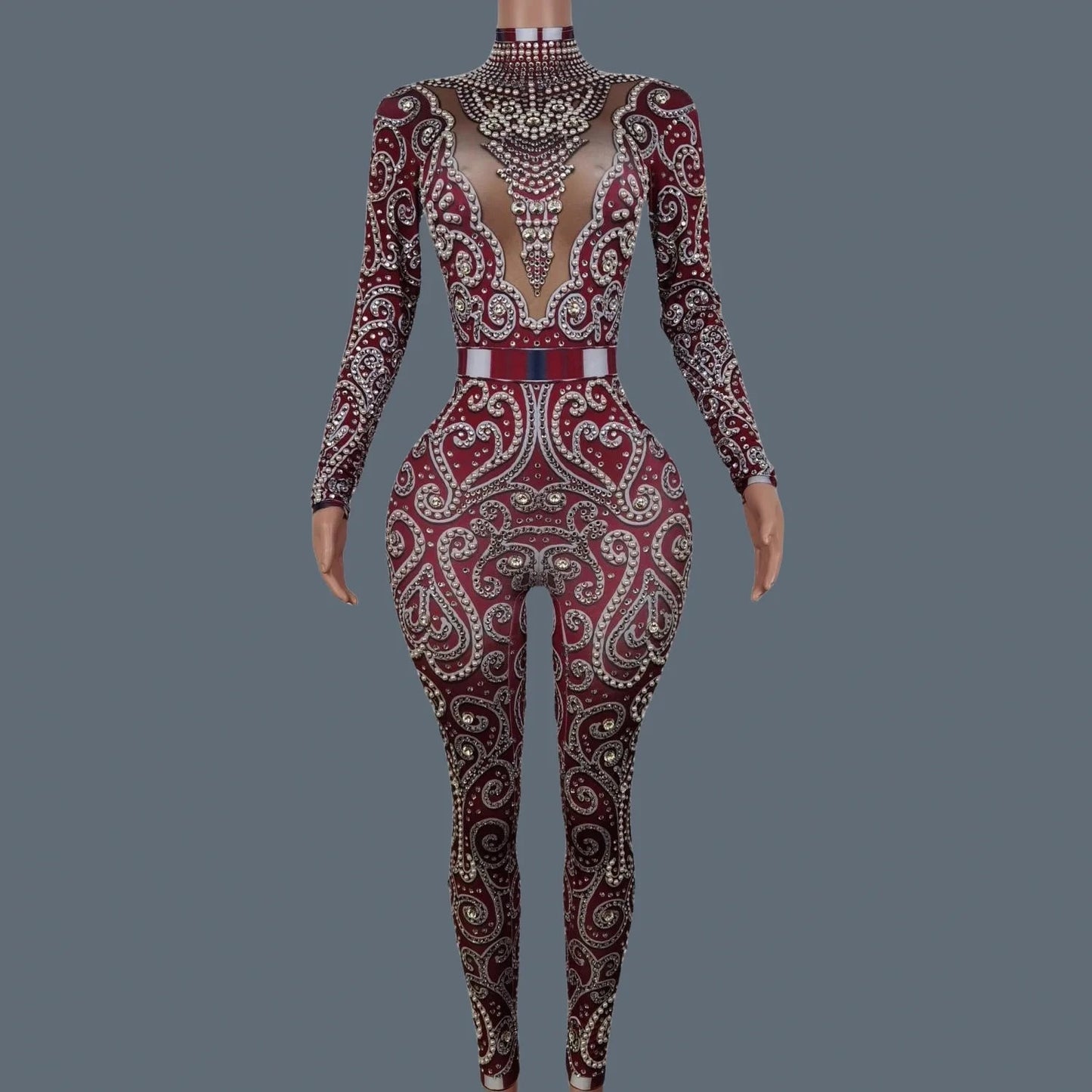 Women Sparkly Rhinestone Pearls Spandex Jumpsuit Nightclub Party Stage Performance Bodycon Wear Sexy Printing Jumpsuit Quanquan Viralgem Store