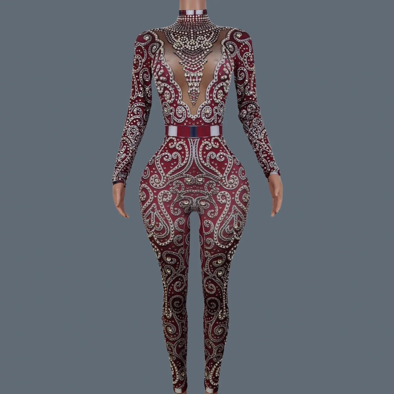 Women Sparkly Rhinestone Pearls Spandex Jumpsuit Nightclub Party Stage Performance Bodycon Wear Sexy Printing Jumpsuit Quanquan Viralgem Store