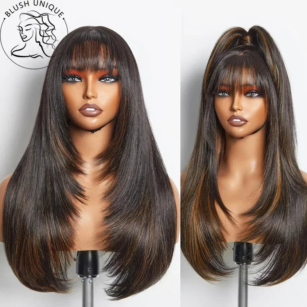 Straight Layered Cut Wigs with Bangs HD Lace Fake Scalp Synthetic Natural Layered Lace Wig For Women Glueless Heat Resistant Wig Viralgem Store