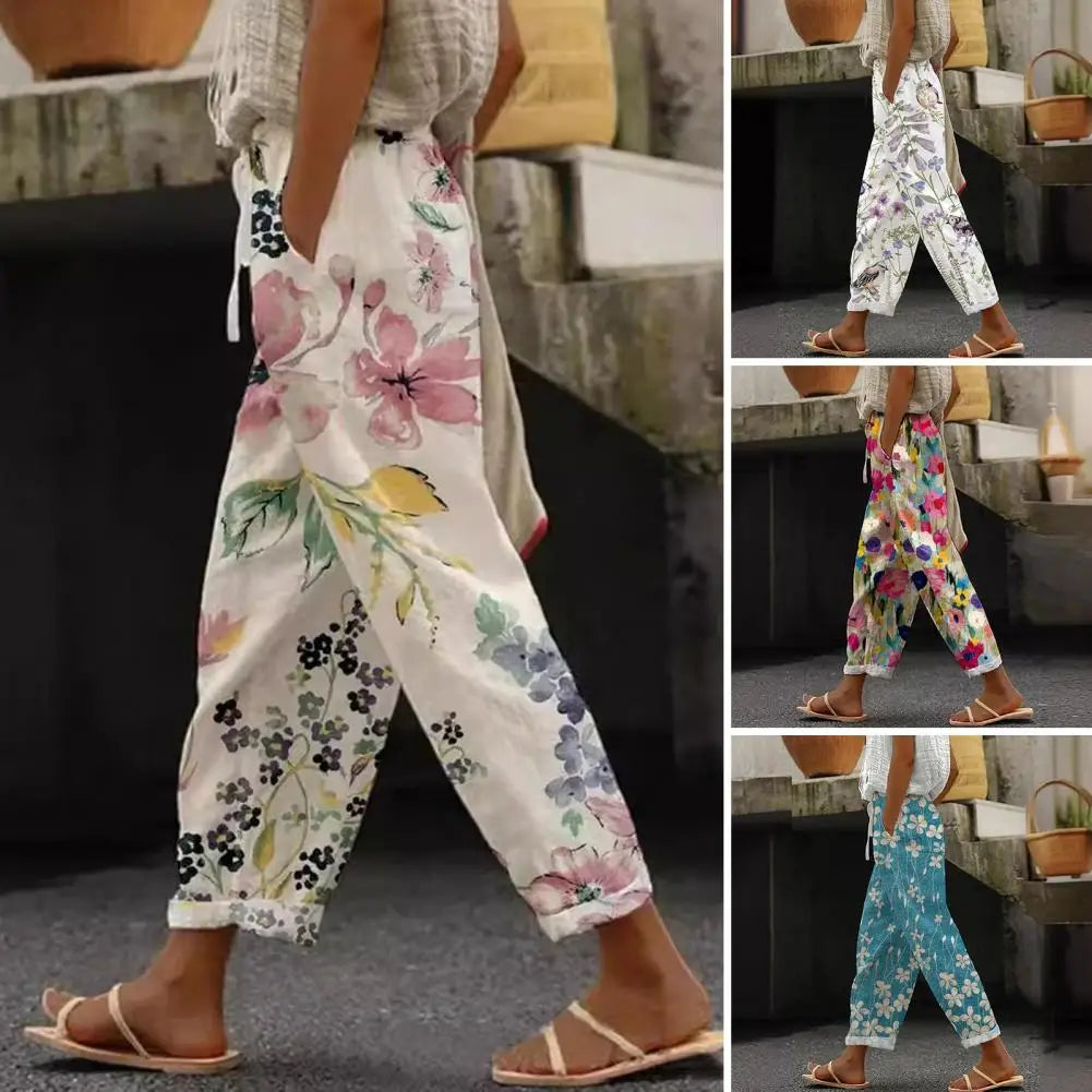 Women Rolled Hem Casual Pants Floral Print Harem Pants Boho Lace-up Dress Stylish Women's Casual Trousers Flowy for Office