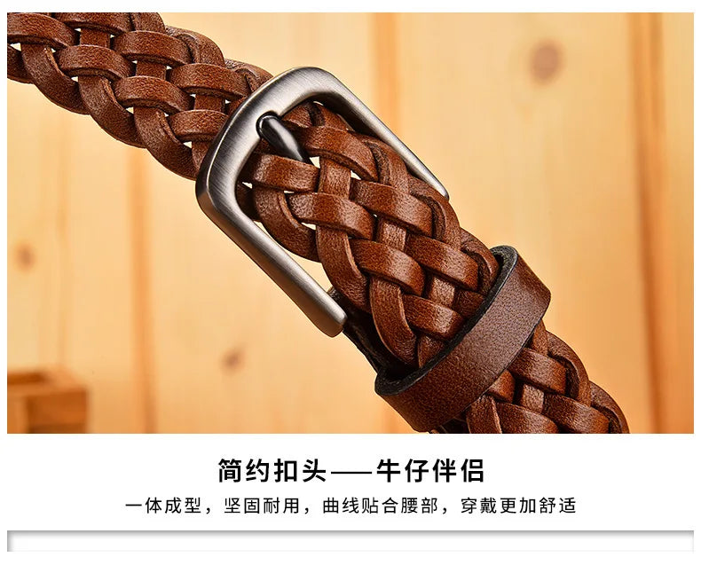 2023 Women Casual Luxury New Style Width 2.5cm  Woven Belt Needle Buckle Real Leather Head Layer Cowhide Handmade Decorative