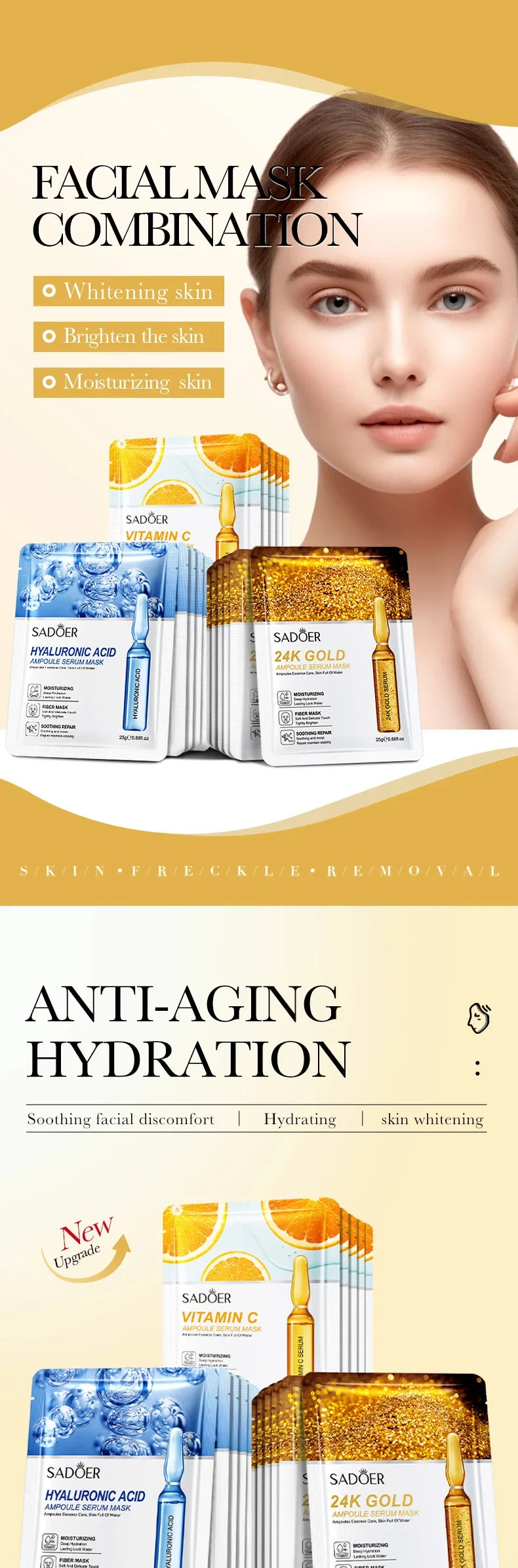 15pcs 24K Gold Hyaluronic Acid Face Mask Facial Firming Moisturizing Anti Wrinkle Whitening Facial Masks Skin Care Products