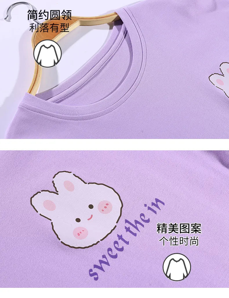 Spring Summer Women Pajamas Soft Cotton Cute Rabbit Print Pijamas Short Sleeved Plaid Pants Sleepwear Fashion Home Wear