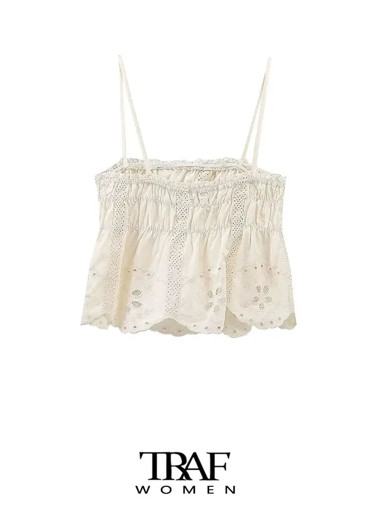 TRAF Women Fashion Embroidery Cropped Tank Tops And High Elastic Waist Shorts Female Two Piece Sets Mujer Viralgem Store