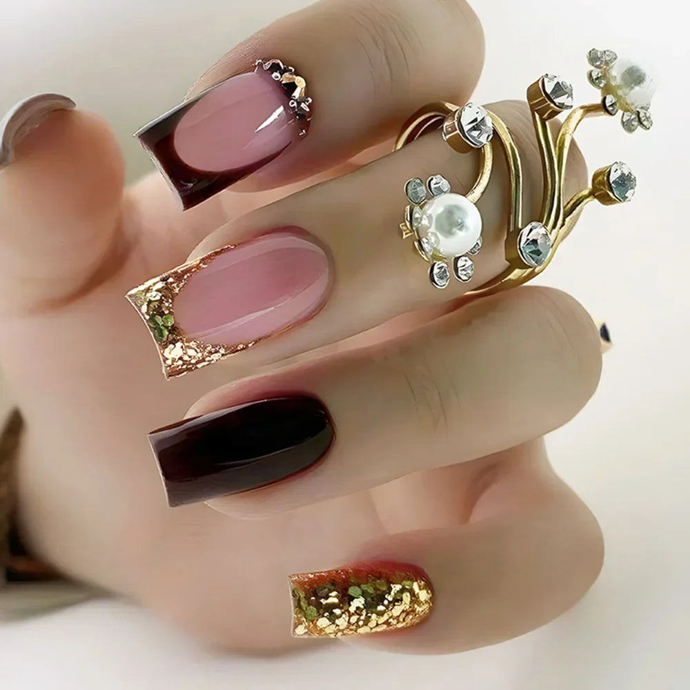 24Pcs Short Square Sweet Cool False Nails Black Flower Wearable French Nails Press on Detachable Autumn Winter Acrylic Nail Tips Viralgem Store