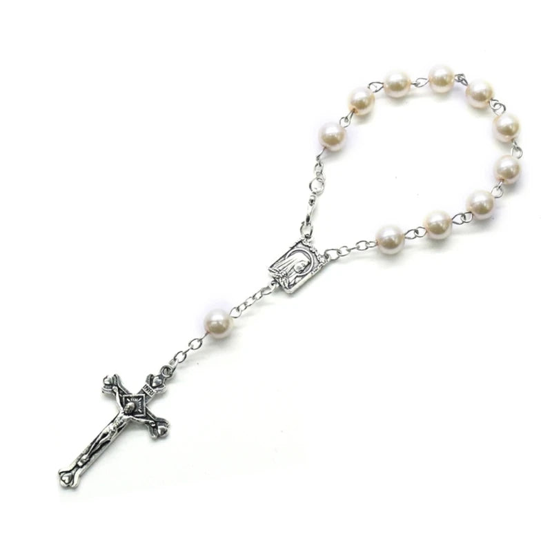 8mm Pearl Finger Rosaries Baptism Rosary Favor Small Rosary with Crosses Party Favor for Communion Baptism Wedding Party