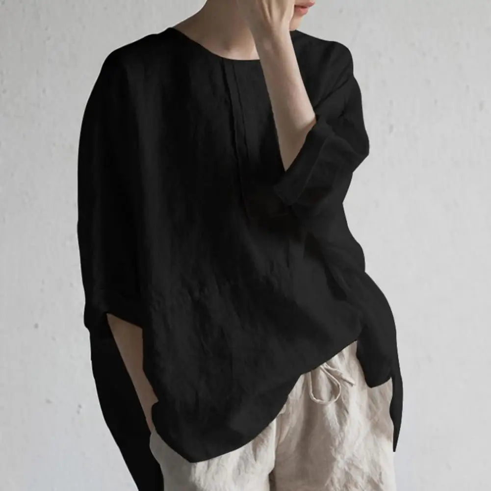 Womens Oversized Pullover O-neck Mid-Length Back Split Hem Summer Shirt Solid Color Half Sleeve Pullover Blouse Female Clothing