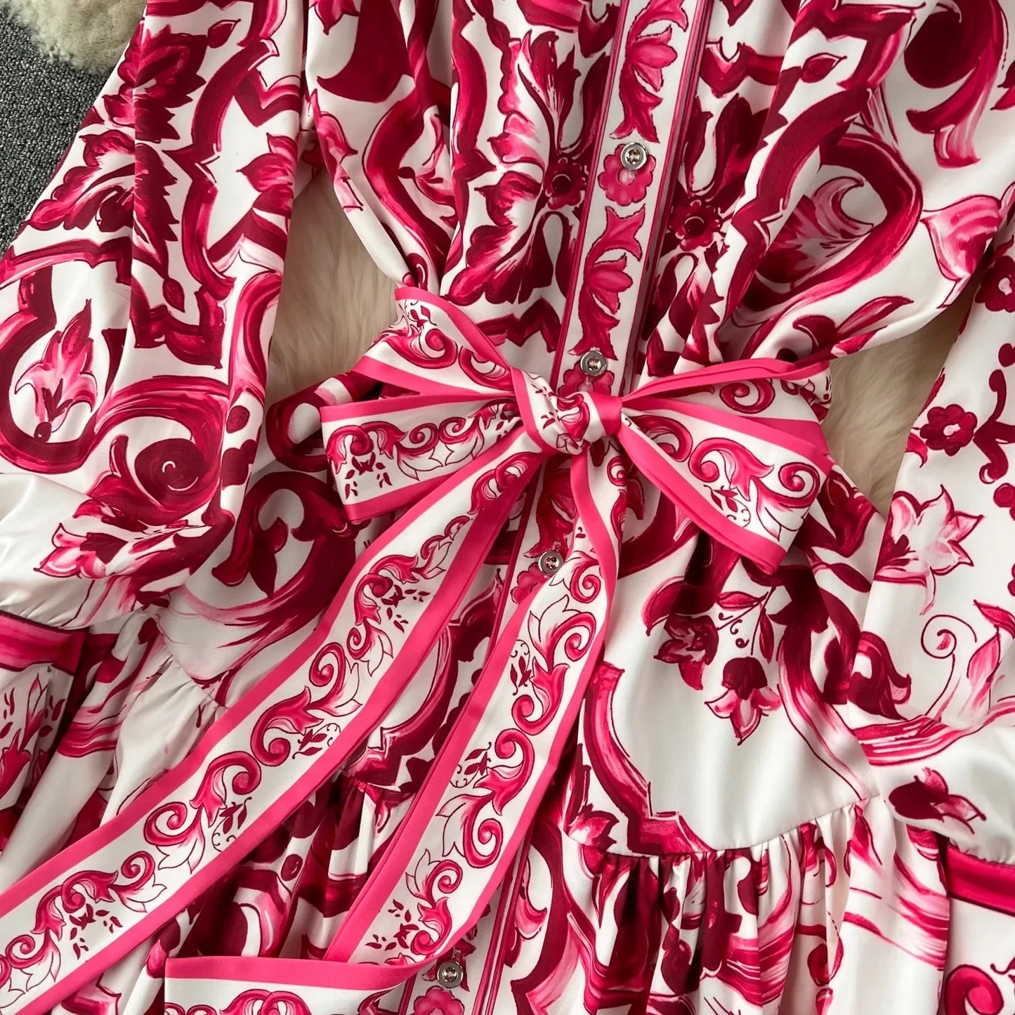 TRAF Runway Blue And White Porcelain Print Holiday Maxi Dress Women's Stand Single Breasted Loose Lace- Up Long Robe Vestido