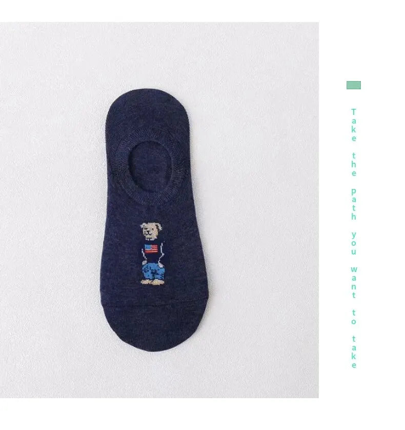 5 Pairs of Super Cute Bear Embroidered Cartoon Bear Boat Socks, Soft and Comfortable, Sweat Wicking and Versatile Short Socks